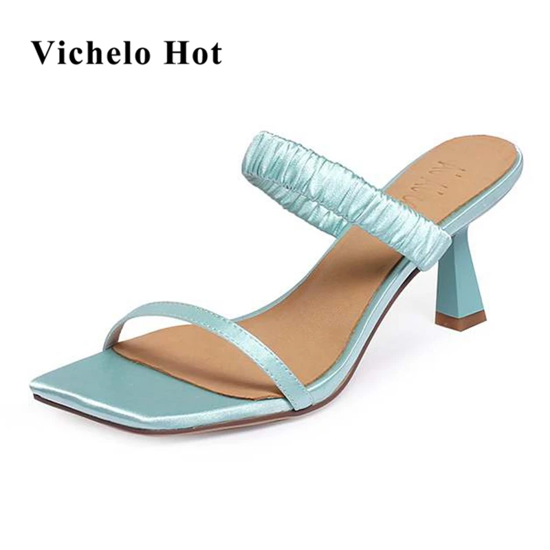 

Vichelo Hot silk mules basic clothing flip flop thin high heels summer fairy slip on wedding peep toe model beauty sandals L81