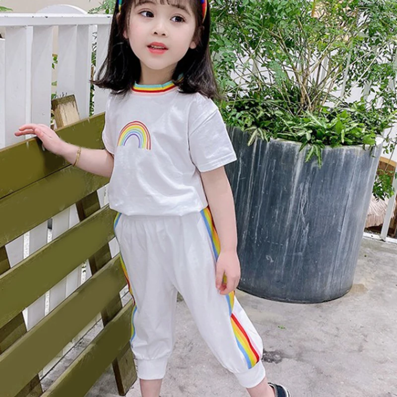 

New Summer Suit Rainbow Print Top+Trousers 2Pcs Clothing Sets Sportswear Baby Clothes Kids Clothes Girls
