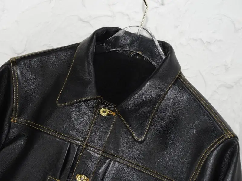 Мужская Байкерская короткая куртка из натуральной воловьей кожи черная большого