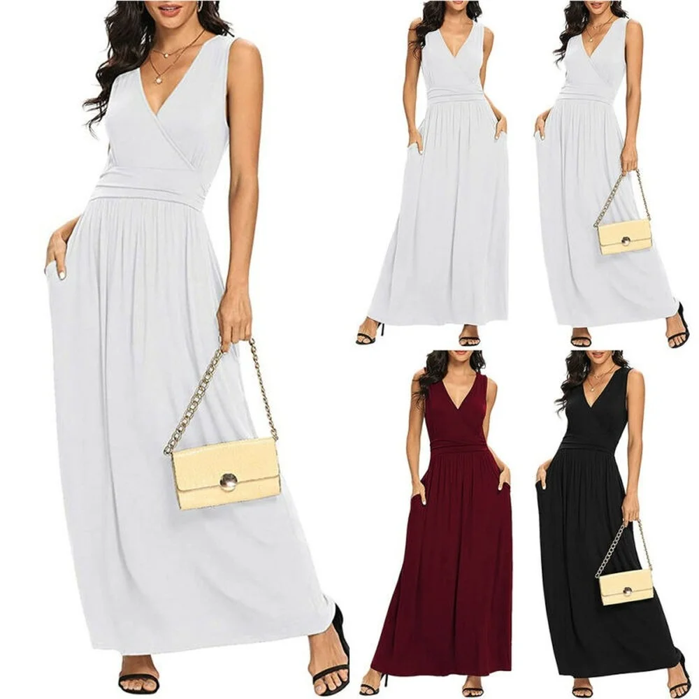 

Womens Plain Maxi Long Dress Ladies V Neck Wrap Dress Summer Holiday Sundress