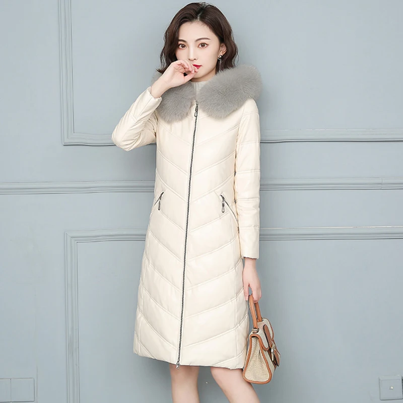 Women Sheep Leather Down Coat Winter Fashion Warm Hooded Real Fox Fur Collar Slim Sheepskin Leather Down Overcoat Female