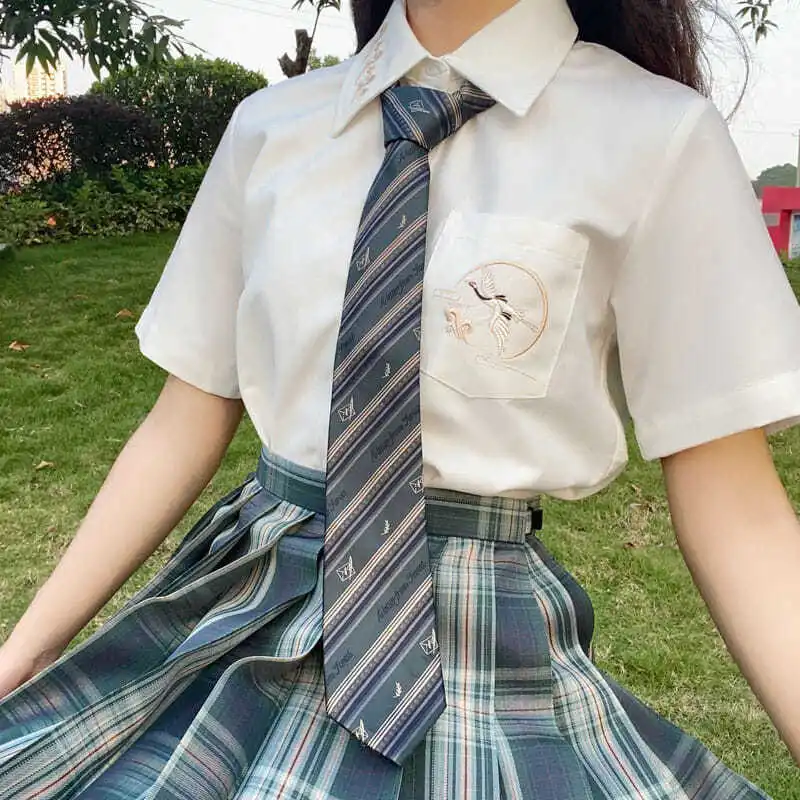 Plus Size JK Short Sleeve Crane Embroidered Shirt Summer Female Japanese Uniform White Shirt саке соджу white crane 300ml