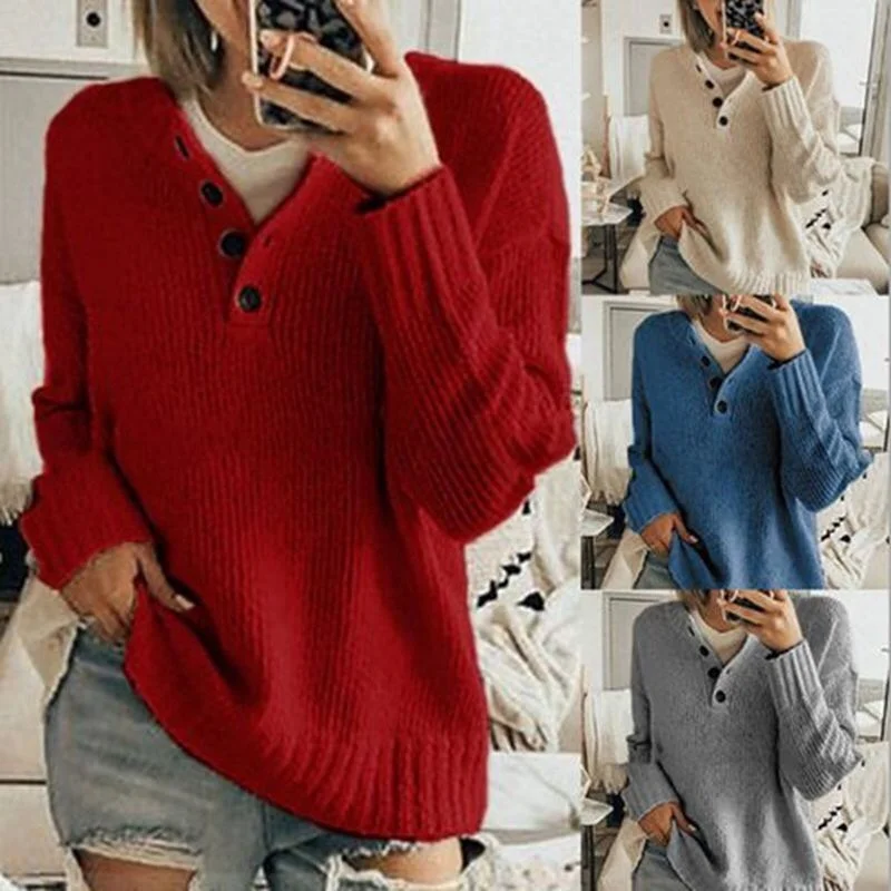 

CMAZ Cross-Border Foreign Trade Button Sweater Women's Pullover 2021 Autumn and Winter