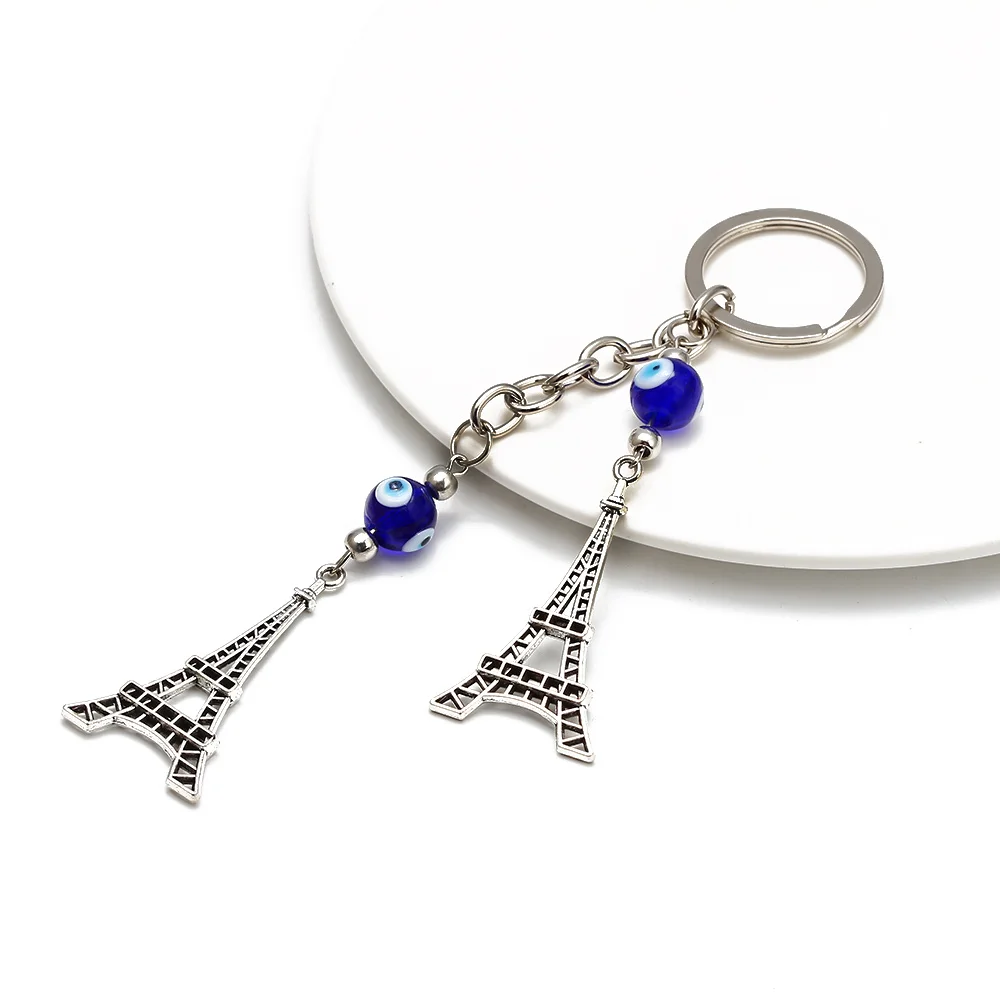 

GRAPES 2020 Tower Pendant Keychain Blue Turkish Eye Beads Silver Color Key Chain Holder Fashion Jewelry for Women Men Wholesale