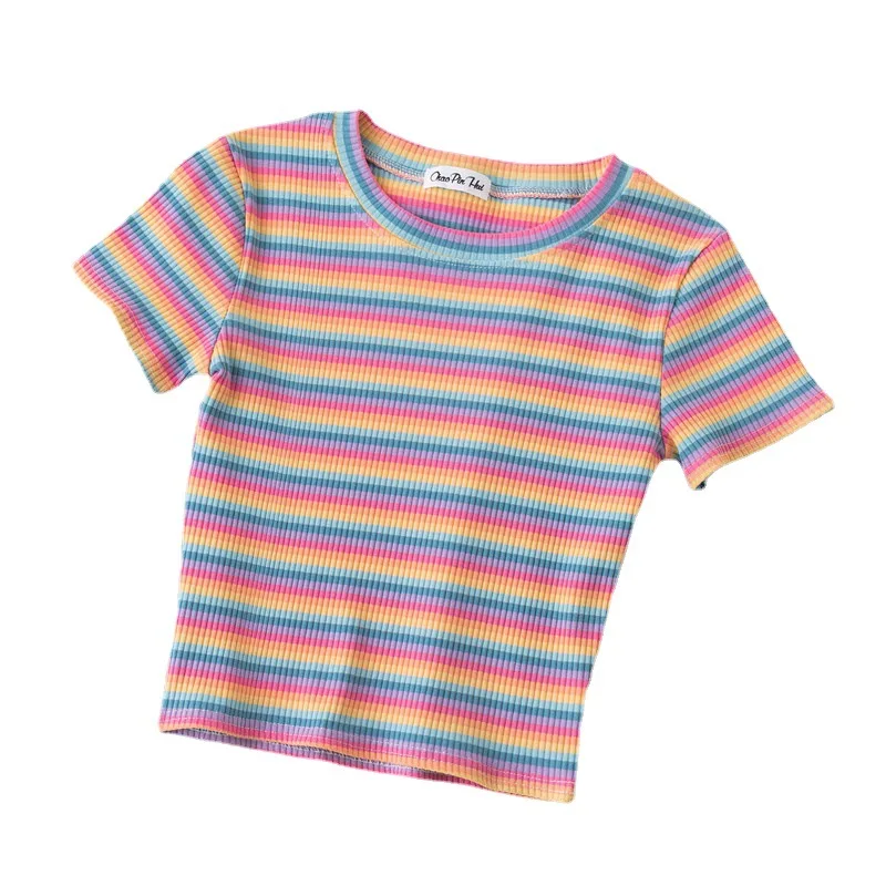 

O-Neck T-shirt Women's Short Sleeve Rainbow Stripe Tight Leak Navel Blouse New High Waist Top Girl Tees