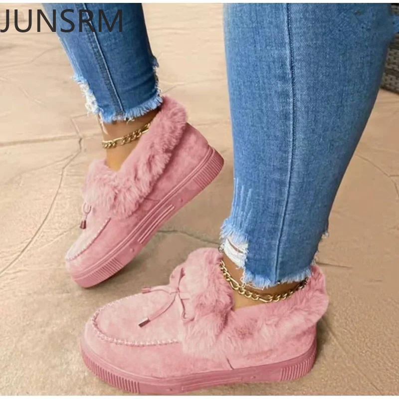 

Зимняя женская обувь из хлопка, новинка 2021, женские плюшевые теплые сапоги с бантом, повседневные однотонные короткие сапоги на плоской под...
