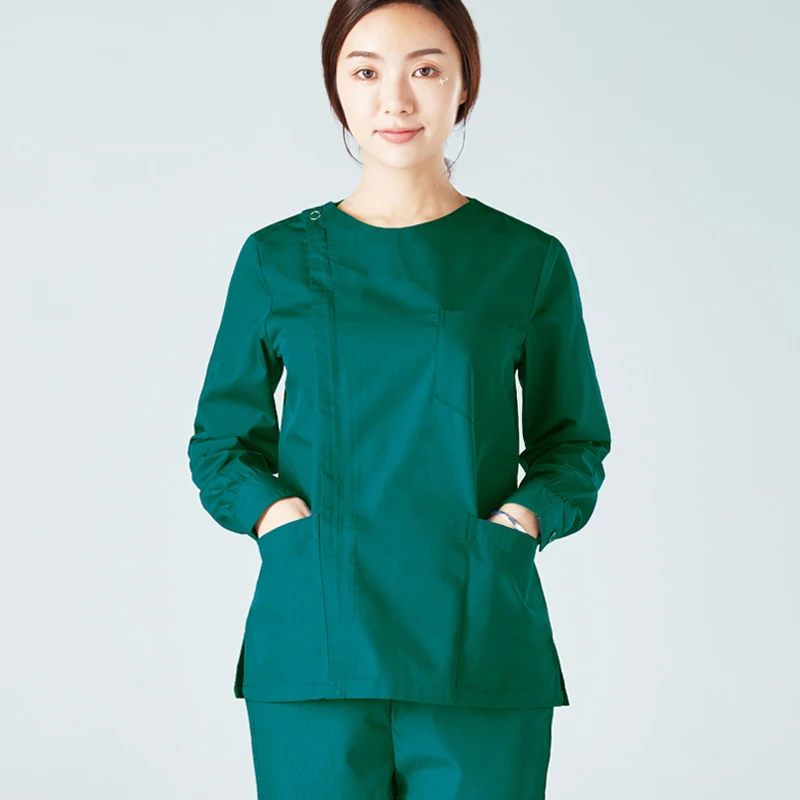 Women's Fashion Long Sleeves Medical Scrubs Set Pure Cotton Side Opening Front with Zipper and Scrub Pants Nursing Uniforms |