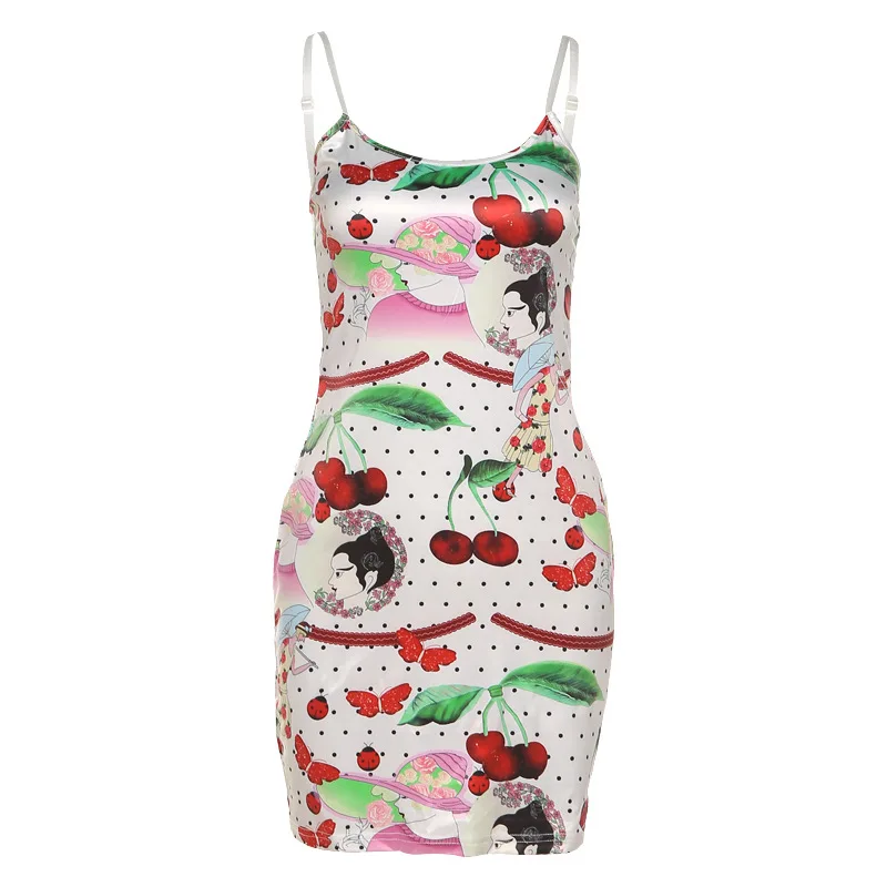 

ANJAMANOR Fruit Printed Cute Sexy Sundress 2021 Beautiful Dresses for Womens Club Wear Backless Bodycon Mini Dress D96-BA13