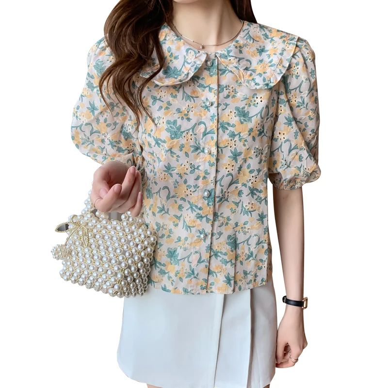 

Puff Sleeve Floral Blouse Women 2021 Summer Turndown Collar Floral Shirt Female Fashion Print Tops Ladies