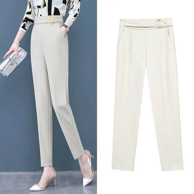 

Formal Work Loose Metal Button Suit Pants Women Solid OL Office Work Capris Pants Female Classic High Waist Harem Trousers