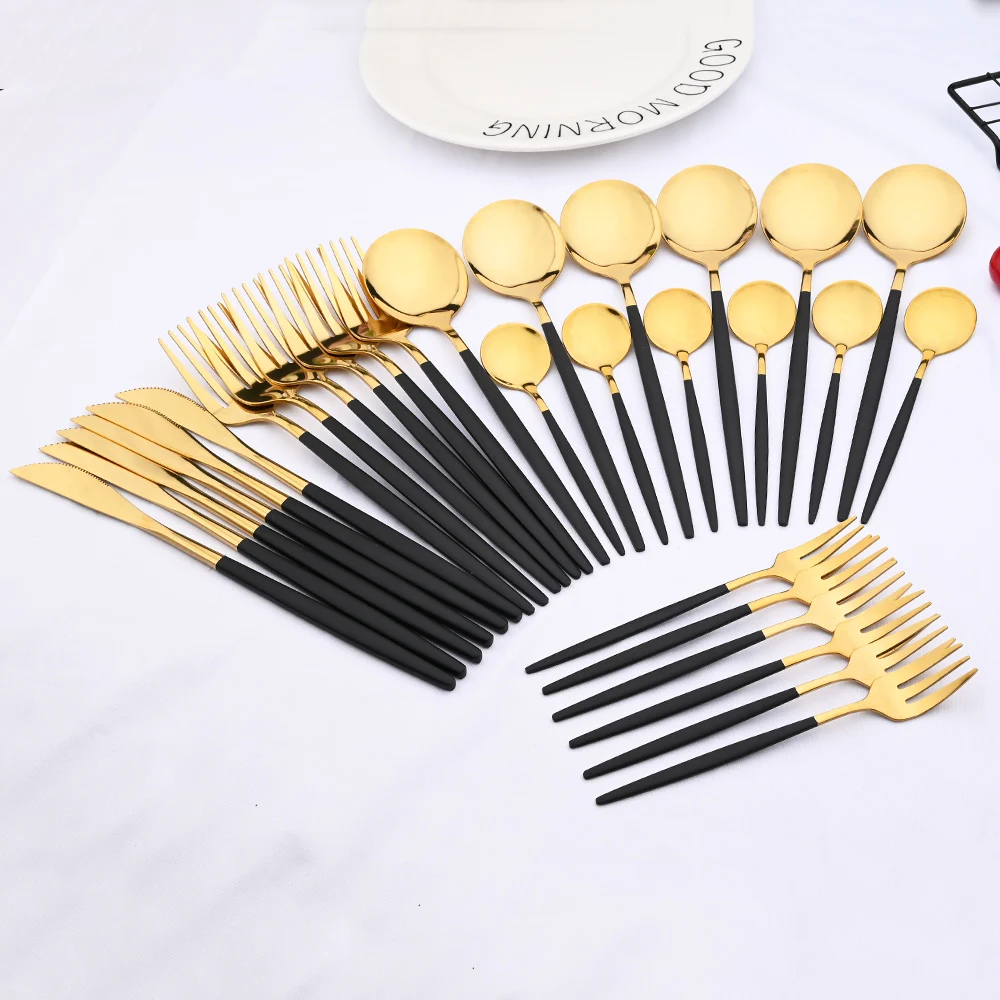 

Столовые приборы из нержавеющей стали черного и золотого цвета, 30 шт./6 комплектов