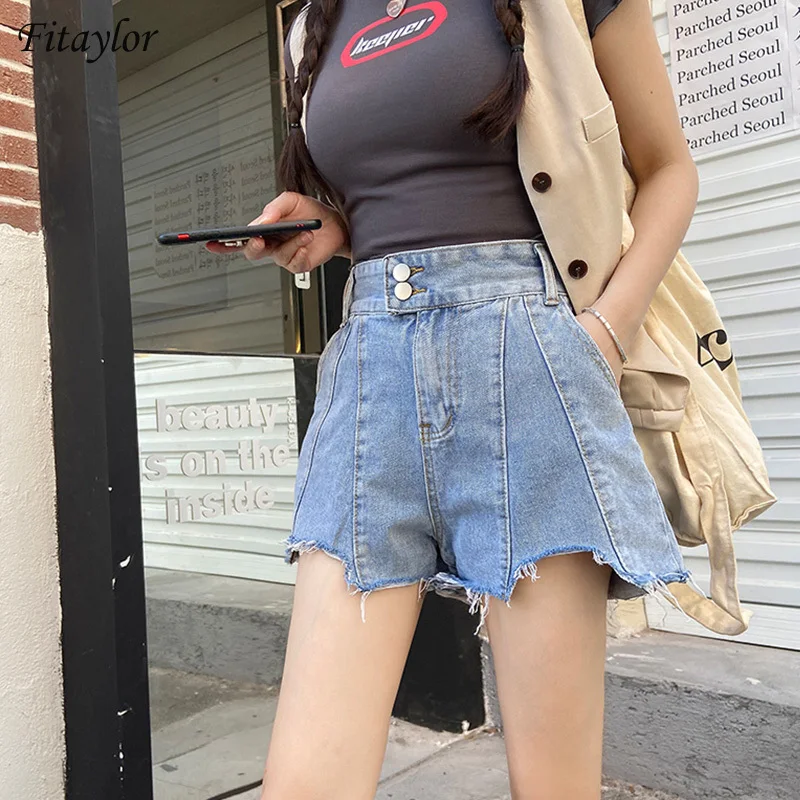 

Fitaylor New Summer Women Wide Leg Streetwear Hole Blue Denim Shorts Casual Female Loose High Waist Tassel Ladies Jeans Shorts