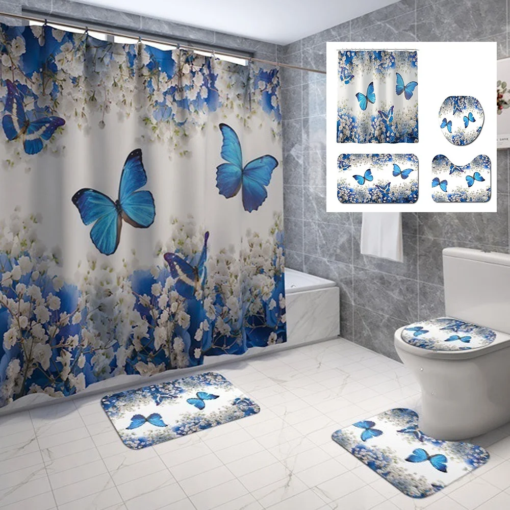 

Blue Golden Butterfly Flower Polyester Waterproof Shower Curtain Bathroom Curtains Set Non-Slip Rug Toilet Lid Cover Floor Mats