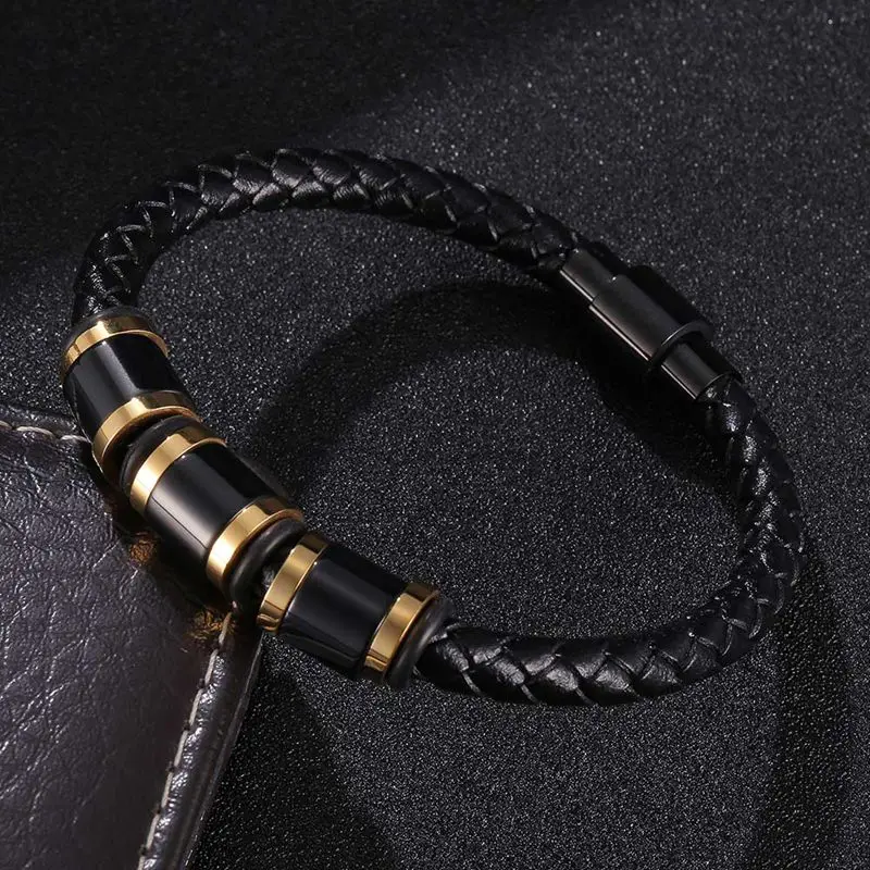 Trendy Men Leather Bracelet Genuine Cool Black Gold Creative Design Stainless Steel Magnetic Buckle Wristband BB1225 |