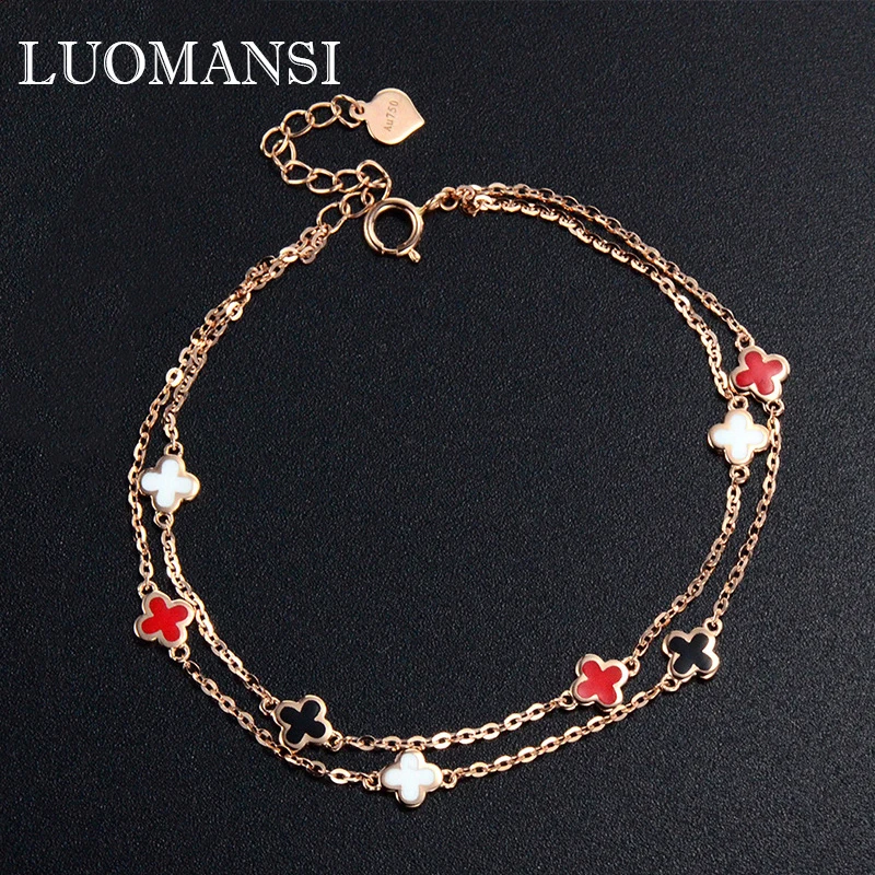 

Luomansi Relly 100% 18K AU750 Золотой четырехлистный клевер двухслойный браслет с сертификатом женские ювелирные изделия для вечерние ринки подарок на ...