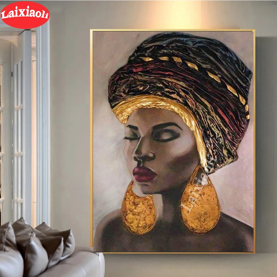

Full square round diamond painting Fashionable African girl pattern diamond embroidery 5D rhinestone mosaic diamond inlaid decor