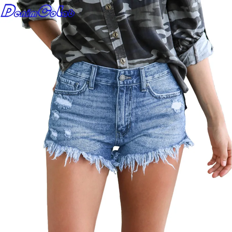 

DenimColab Elastic Ripped Denim Shorts Women Summer Mid Waist Jeans Shorts Ladies Stretch With Holes Tassels Casual Hots Shorts