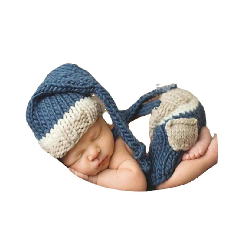 Traje para foto de beb&eacute;, ropa para reci&eacute;n nacido, ni&ntilde;a y ni&ntilde;o, utillaje de fotograf&iacute;a, pantalones de babero de punto de ganchillo + sombrero, conjuntos de 2 Uds., traje azul-2