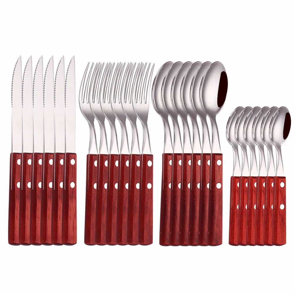 

Wooden Handle Mirror Dinnerware Set Flatware Dropshipping Stainless Steel Cutlery Set 24 Piece Forks Knives Spoons Tableware Set