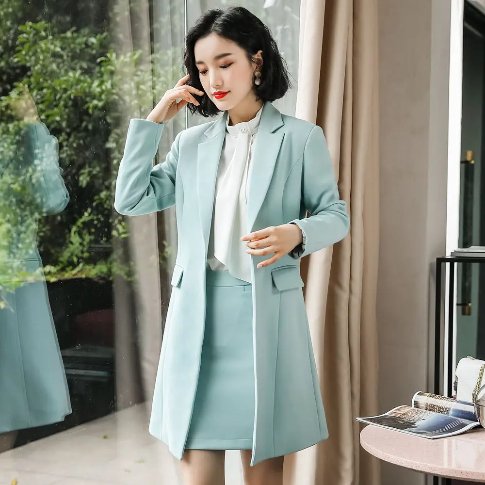 light blue suit Дамская элегантная офисная одежда платье костюм женский длинный стиль куртка юбка M-4XL размера плюс синтетическая ткань Рабочий костюм f80808 - Цвет: light blue suit