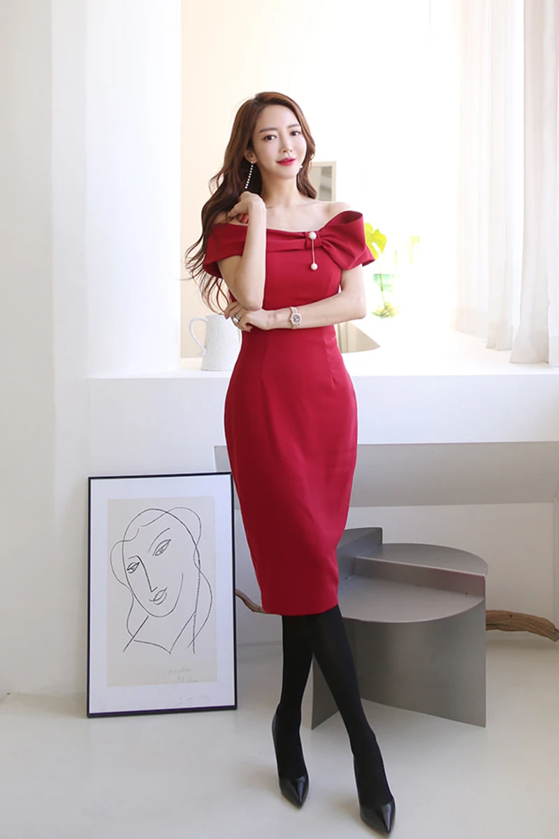 

COIGARSAM Women dress Spring Slash neck Dresses Red 5579