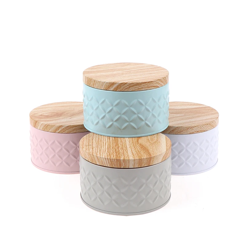 Round Empty Iron Box With Wood Grain Lid Candy Storage Box Diy Candle Making Jar
