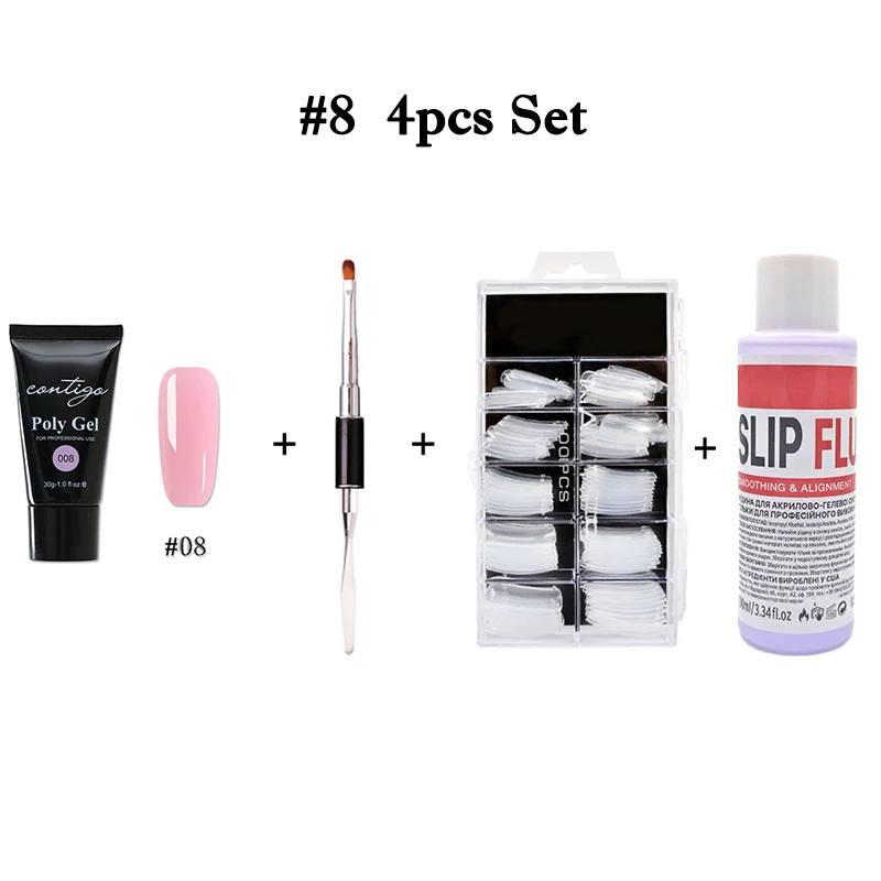 08-4pcs Набор из полигеля Contigo для наращивания ногтей, полигель, 10 цветов, набор УФ-акриловых гелей для ногтей, резиновая основа и верхнее покрытие для дизайна ногтей, решение для скольжения - Цвет: 08-4pcs