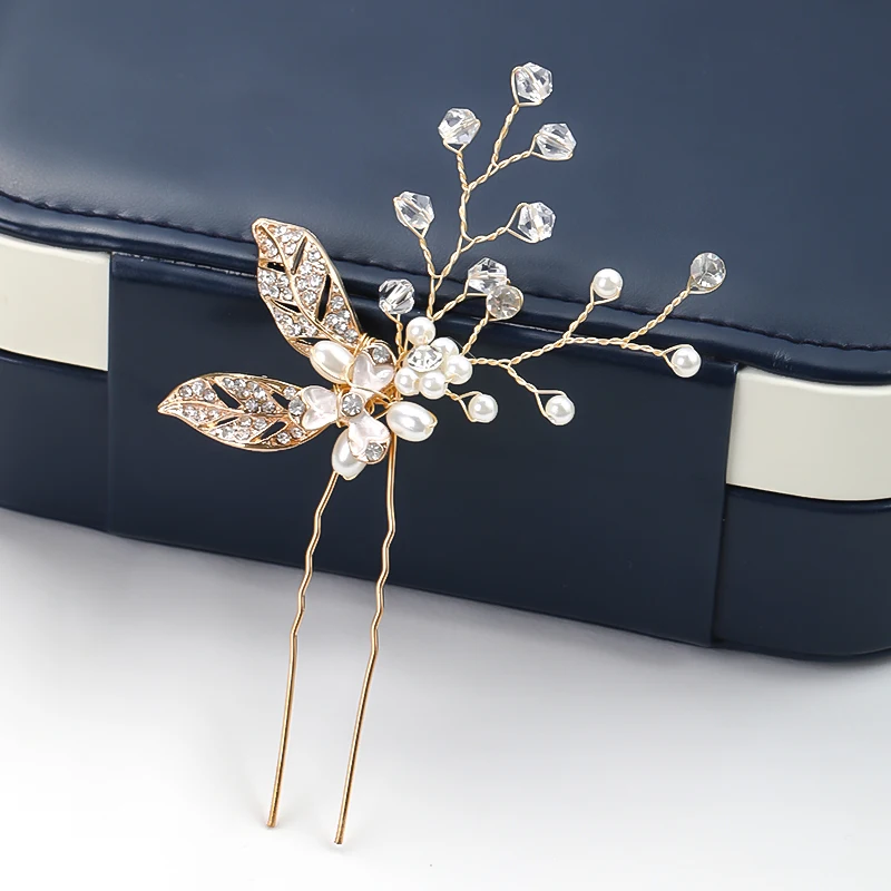 1 шт. золотой цветок лист Форма волосы палка жемчужина клип в винтажном стиле