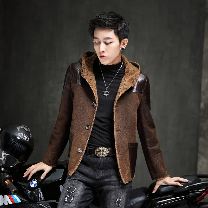 

2021 Short 100% Natural Sheepskin Leather Jacket Men Autumn Winter Hooded Real Wool Male Clothes Biker Jaqueta Masculina Gxy965