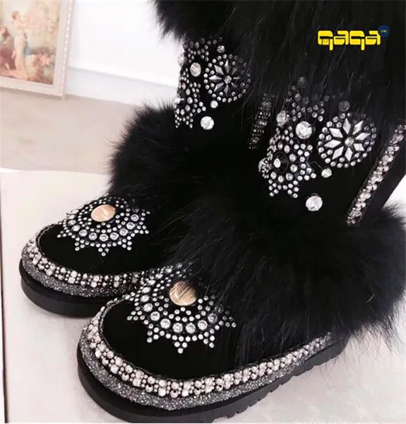 Зимние ботинки из кожи и вельвета с толстым лисьим мехом женские ручной работы