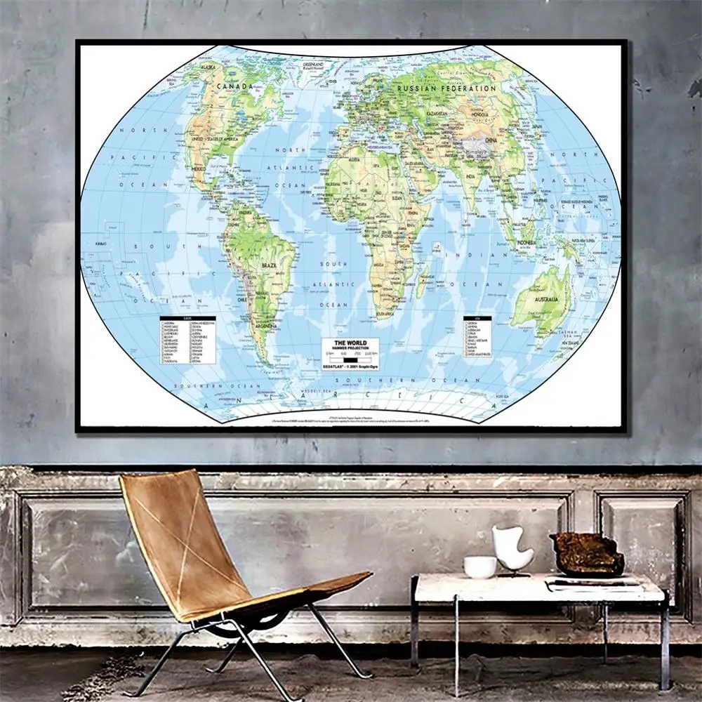 

A2 Size The World Map Hammer Projection HD Fine Canvas Wall Map Unframed Home Decor Crafts