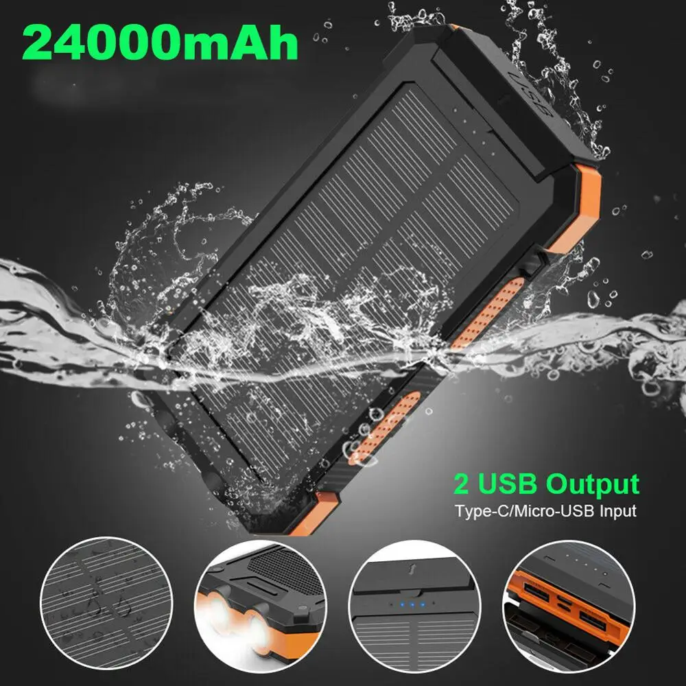 X-DRAGON Waterproof 24000mAh Solar Power Bank Портативный внешний аккумулятор с компасом для