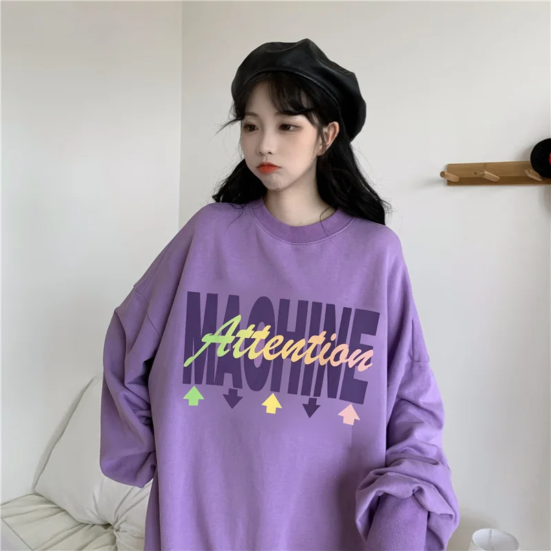 

round Neck Print Sweatshirt Women's Loose Mid-Length Top Rac