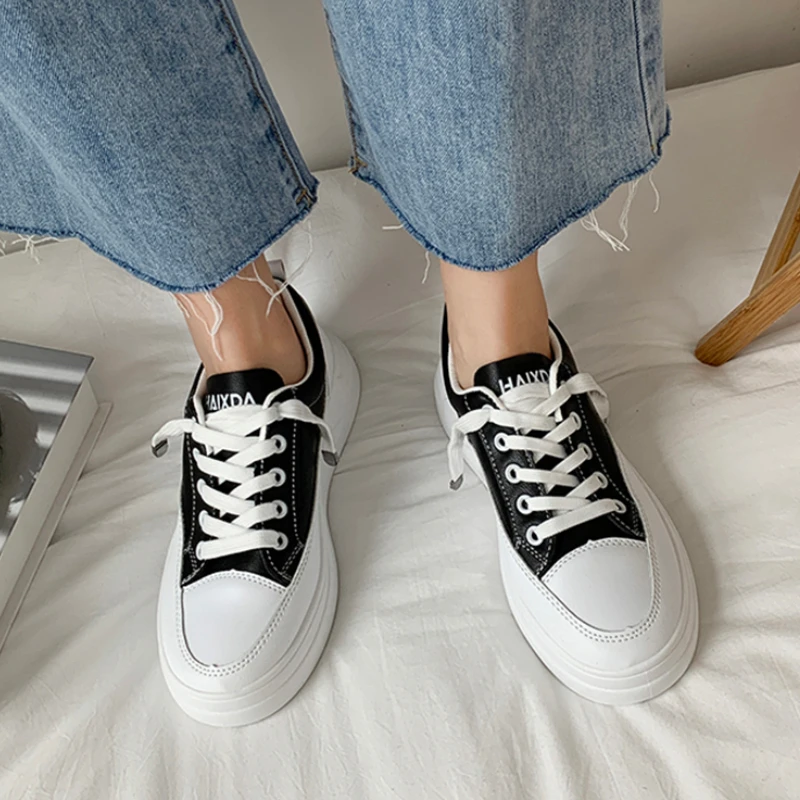 

Rimocy 2021 Autumn Chunky Platform Sneakers Women Mix Color Round Toe Lace-up Vulcanize Shoes Woman White Breathable Sneakers
