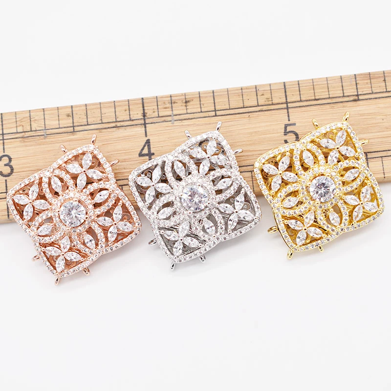 2pcs 31x31mm Cubic Zircon CZ Micro Pave Square Flower Clasp Pendant necklace Bracelet Jewelry Making DIY