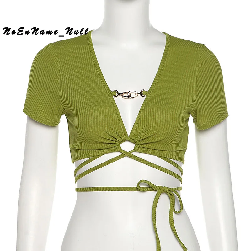 

Summer fashion women's V-neck thread slim tie open navel sexy short T-shirt club party wear camisole femme crop tops Slim vest