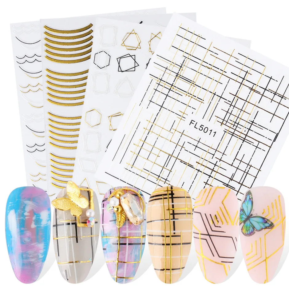 

1PCS Nail Art Sticker 3D Gold-plated Black and White Silver Nail Line Post Geometric Graphic Line Design Nail Art DIY Decoration