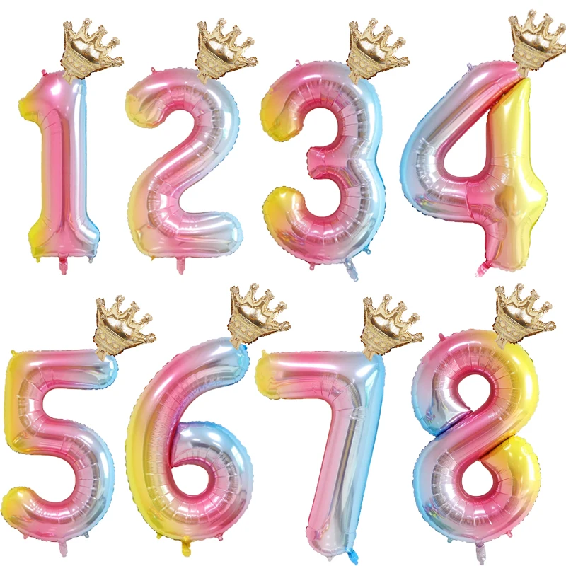 1set 32inch Number Foil Balloons 1 2 3 4 5 6 Years Old Kid Boys Girls Crown Happy Birthday Balloon Baby Shower Decor Supplies