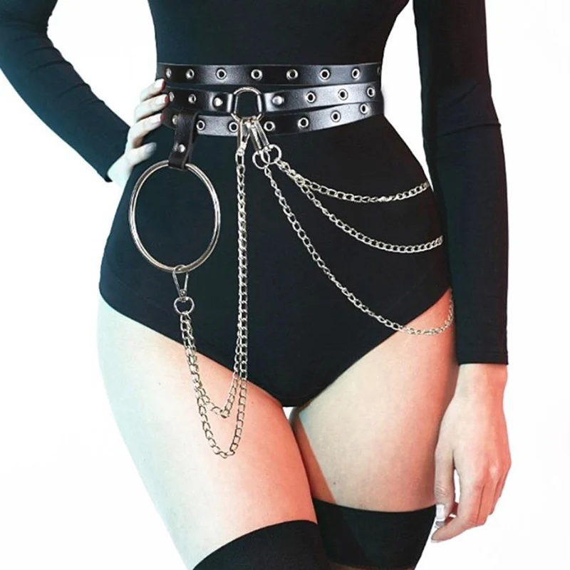 

Female Leather Skirt Belts Punk Gothic Rock Harness Waist Metal Chain Body Bondage Hollow Belt Accessories For Lady