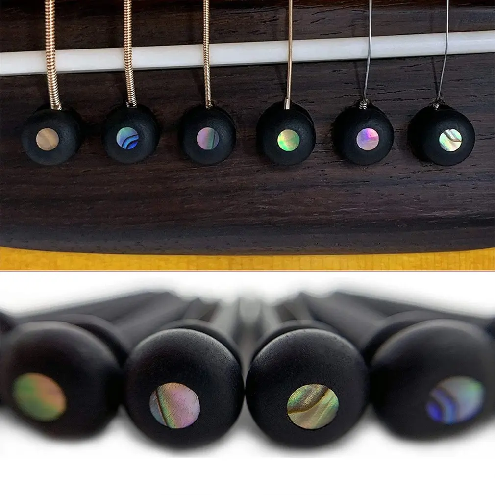 

6 Acoustic Guitar Ebony Bridge Pins With Abalone Dot and Brass Circle skirt
