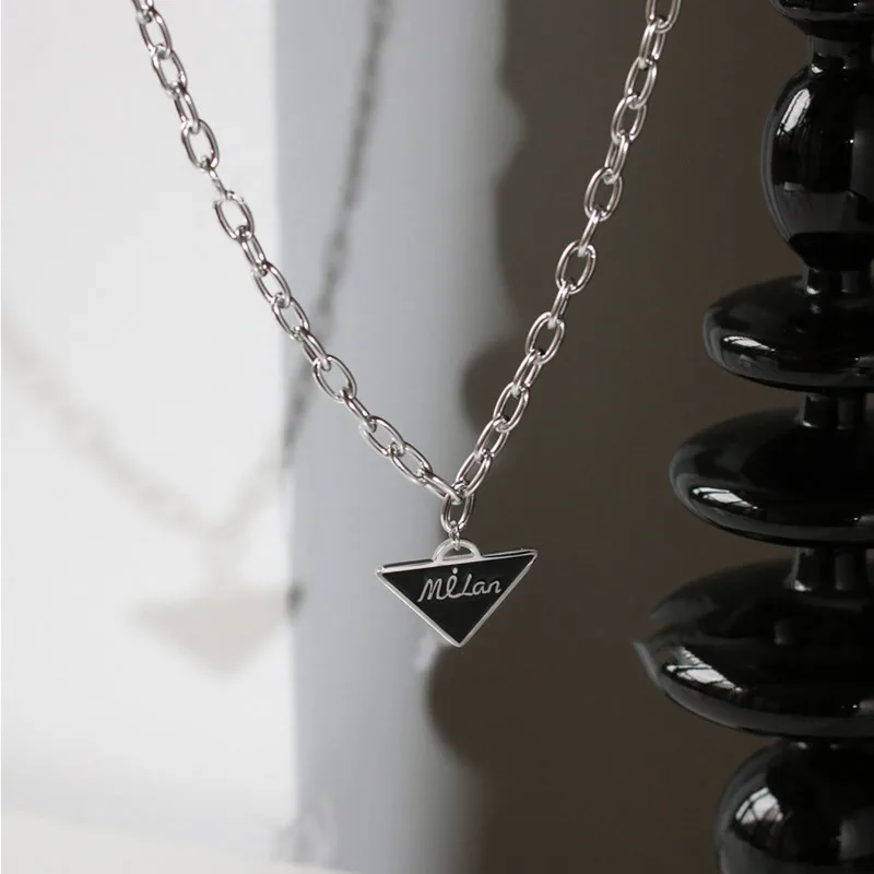 

Stainless Steel Korean Fashion Black Letter Triangle Necklace Sweater Chain Geometric Pendants For Women 2021 Fashion Jewelry