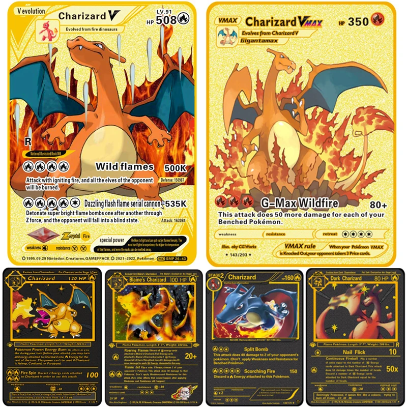 Карты Pokemon VMAX 11 видов Charizard Max на заказ металлические V Vmax cardrain Bow Gold Card-Hp 508 330 350
