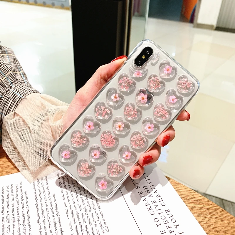 Cute 3D Love Heart Dried Flower Phone Case for iphone 11 Pro Max 6 6S 7 8 Plus X XS XR Real Soft TPU Back Cover |