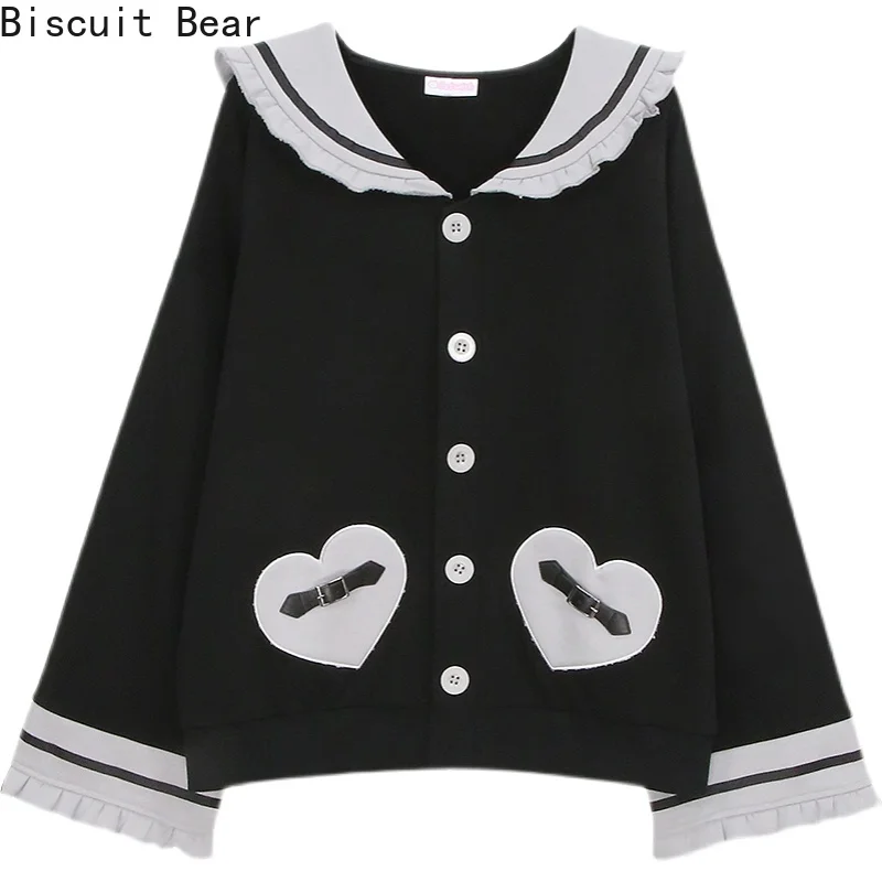 

Kawaii Fashion Vintage Jacket Women Gothic Lolita Zip Up Hoodie Cute Sailor Collar Jk Cardigan Female Heart Black Thin Coat Girl