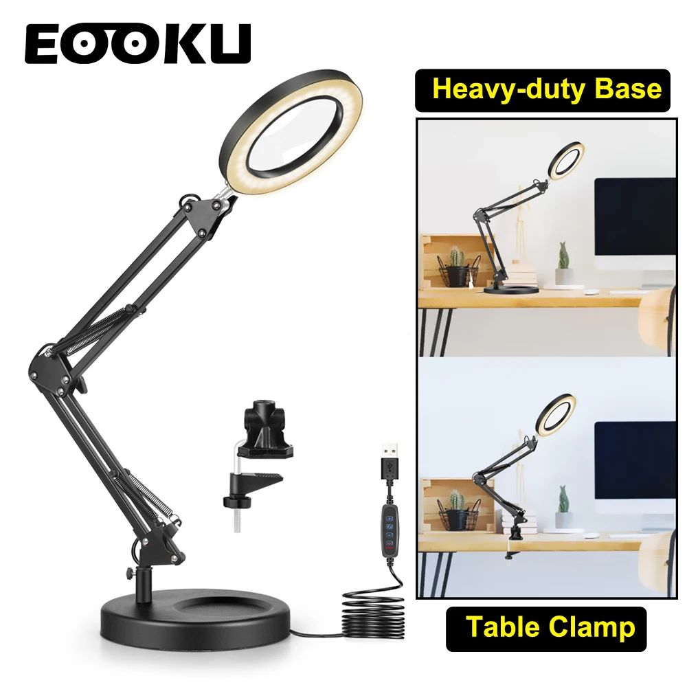 

EOOKU 2 in 1 USB Folding Table Lamp with 5X Magnifying Glass 3 Colors LED Lights 8W Desk Light for Reading/Working/ Beauty Lamp