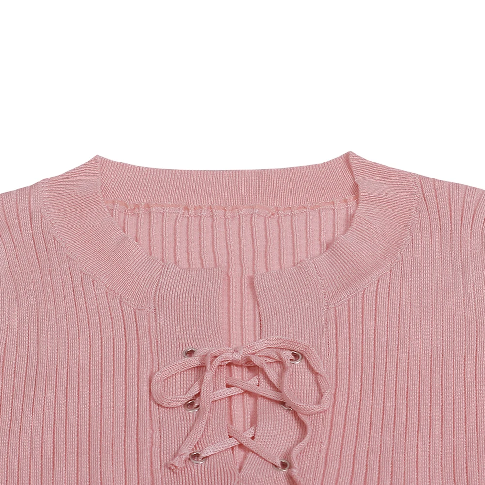 

MIAN Sexy V-Neck Lace Cropped Sweater Women's Clothing Spring Autumn Winter Top Pink Slim Knitting Pullovers