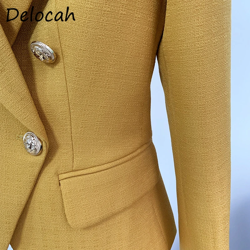 

Delocah Women Autumn Fashion RunwayShort Coat Long Sleeve Double Breasted Fake Pocket Solid Printed Ladies Jacket Outerwear
