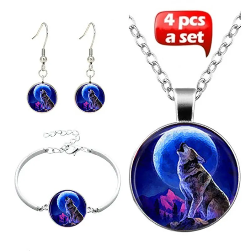 

Fashion Witchcraft Moon Night Howling Wolf Glass Round Pendant Necklace Bracelet Earring 4 Piece Set Ladies Jewelry Jewelry