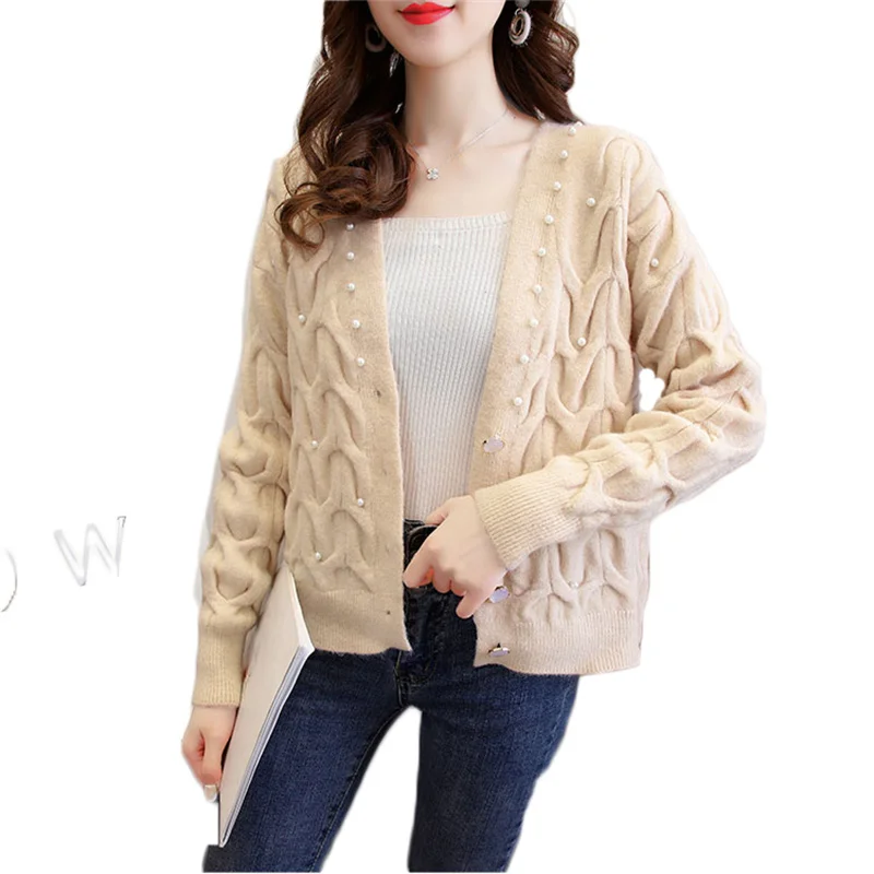 

Knitted Cardigan Women 2021 Autumn And Winter New Solid Color Short Fashion Sweet Heavy Beaded V-Neck Sweaters M69
