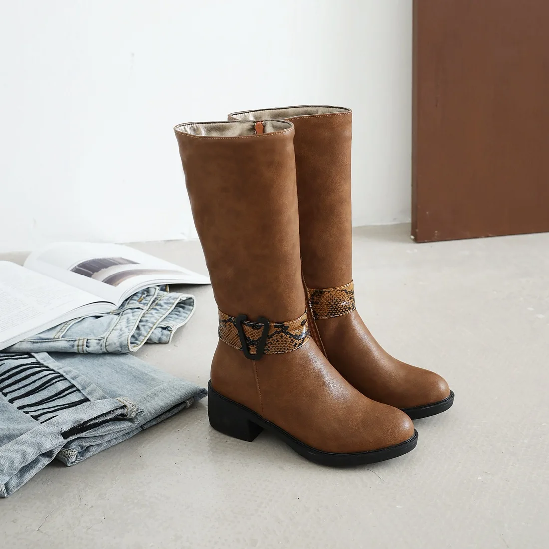 

Round Toe Women Boots Over Knee Female Shoes Winter Footwear Over-the-Knee Large Size Low Ladies Rubber 2020 Rock